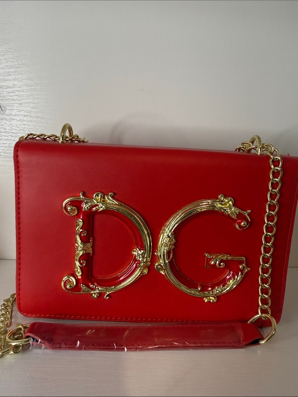 Dolce & Gabbana Red Leather Shoulder Bag with Gold DG Emblem & Chain